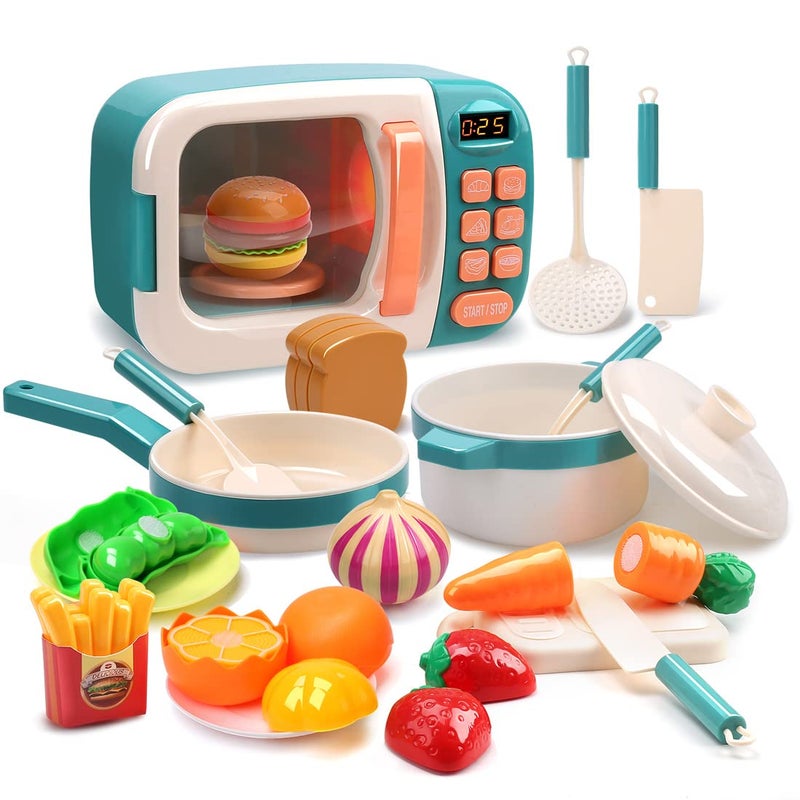 CUTE STONE Microwave Toys Kitchen Play Set, Kids Pretend Play Electronic Oven with Play Food, Kids Cookware Pot and Pan Toy Set, Cooking Utensils,Great Learning Kitchen Toys for Girls Boys - Image 1